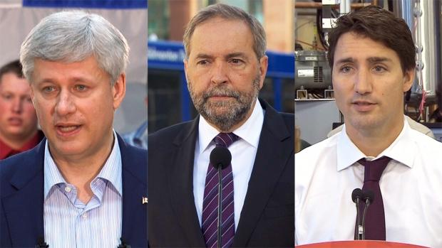 Conservative Leader Stephen Harper, NDP Leader Thomas Mulcair, and Liberal Leader Justin Trudeau